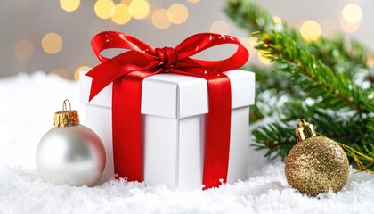 Festive white gift box on snow with ornaments