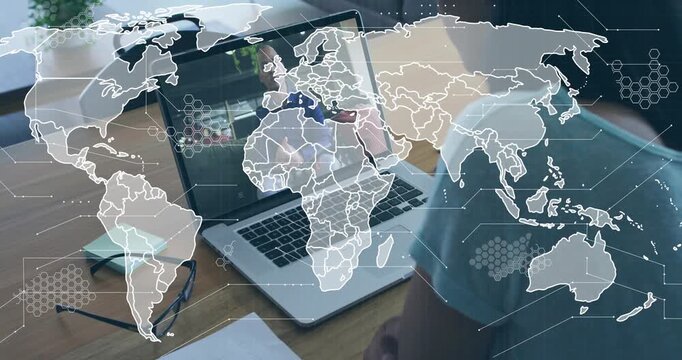 Viewer opening laptop joining business meeting, while animated world network map rising across call