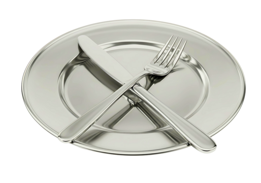 Silver plate and cutlery set isolated on transparent background