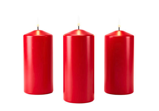 Three tall red candles isolated on transparent background
