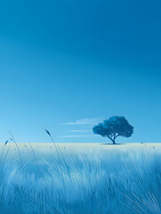A solitary, stylized tree stands majestically in a field of swaying grass under a clear, tranquil blue sky, evoking a sense of peace and natural beauty