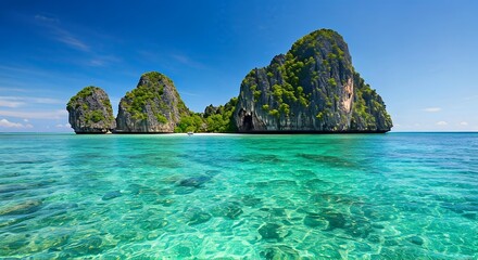 Stunning tropical island paradise with crystal clear turquoise waters, dramatic limestone cliffs covered in lush green vegetation, and a pristine white sand beach.