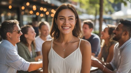 Obraz premium Smiling young woman standing in front of group of friends enjoying lunch in outdoor restaurant setting