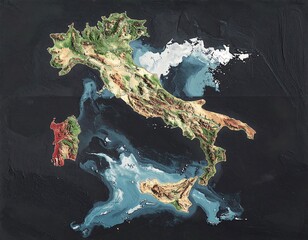 Topographic map of Italy and surrounding waters, showcasing diverse terrain and coastal features