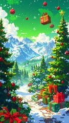 Snowy mountain path lined with Christmas trees and presents, festive ornaments floating overhead