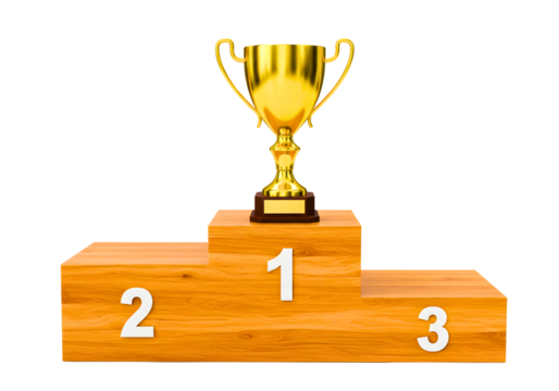 Golden trophy on a wooden winners podium isolated on transparent background - Powered by Adobe