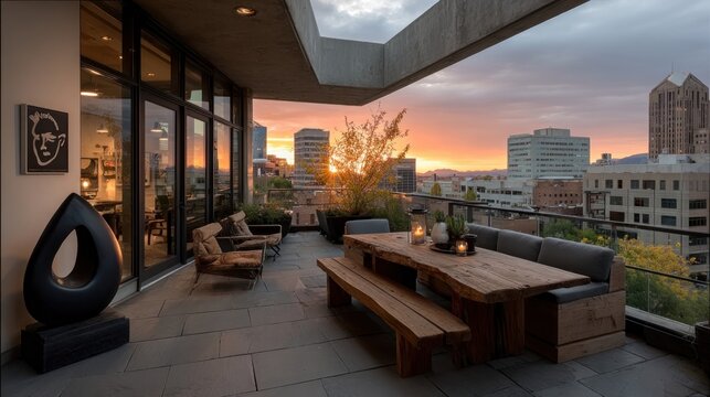 Rooftop terrace with city view and sculpture silhouette - Powered by Adobe