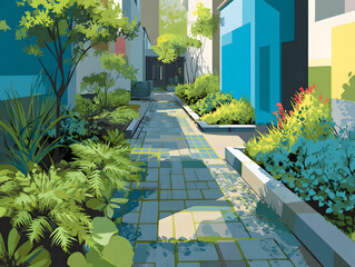 Vector illustration of an alley converted into a green space, showcasing plants and architecture