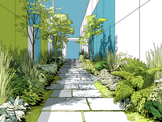 Vector illustration of an alley converted into a lush garden, showcasing a serene urban oasis for peaceful reflection and retreat