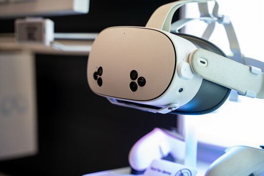 Close up of Meta Quest 3S virtual reality headset on display shelf. Toronto, Canada - September 24, 2025.