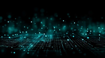 Fototapeta premium A futuristic digital circuit pattern glows in neon blue on a dark background,