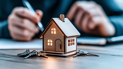 Wooden house model with keys on table. Person signs document in background, blurry