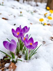 Beautiful crocuses growing through snow, space for text. First spring flowers
