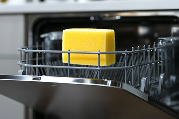 Sponge in Dishwasher: Close-up shot of a yellow cleaning sponge sitting in the top rack of a stainless steel dishwasher, suggesting cleanliness and modern appliance care.