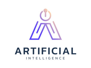 Artificial intelligence with colorful Letter A AI scan robot futuristic technology logo vector design concept. AI technology logotype symbol for advance technology, tech company, ui, automations.