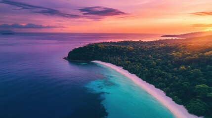 Fototapeta premium A panoramic bird's-eye view of a secluded tropical island on blurred background