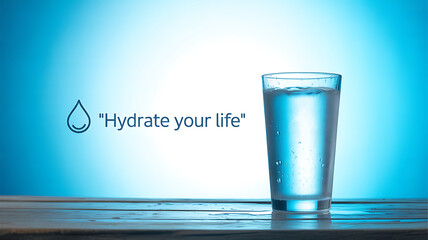 A glass of water on a wooden surface with a blue background and the text 'Hydrate your life'