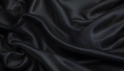 Luxurious Black Gray Satin Fabric Texture with Abstract Soft Waves and Shiny Silk Cloth Background