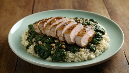 pork tenderloin with spinach and rice on a plate