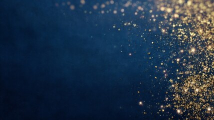 A luxurious dark blue gradient backdrop transitions to golden tones with sparkling glitter,