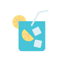 A beverage in a blue glass with lemon and ice cubes topped with a white straw