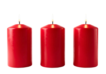 Three red pillar candles with lit wicks isolated on transparent background