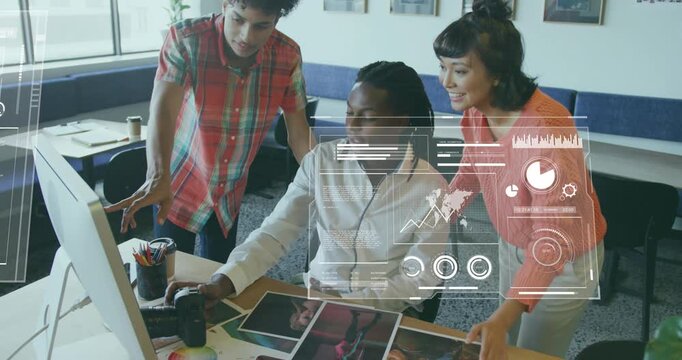 Photography team examining proofs causing charts and maps overlaying desk for selecting best images