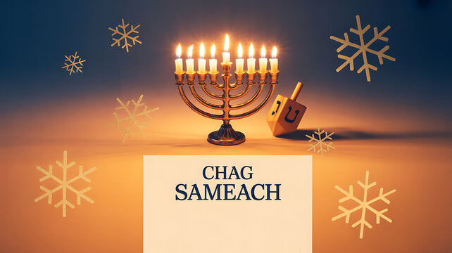 A lit menorah and dreidel on a warm-toned surface with snowflake decorations and the text 'Chag Sameach' celebrating Hanukkah.