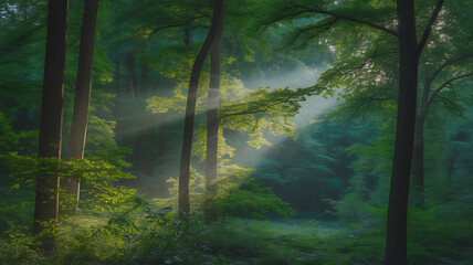 Sunlight filtering through dense forest canopy, illuminating misty green foliage and tree trunks in a serene woodland scene