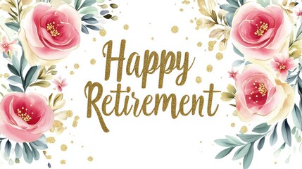 Elegant Retirement Party Banner - gold script text "Happy Retirement", floral borders, soft white background, sparkles