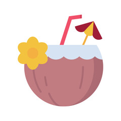 A coconut drink is adorned with a straw flower  mini umbrella