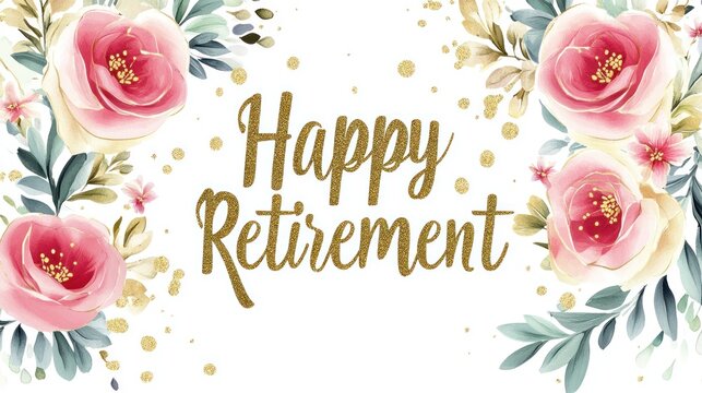 Elegant Retirement Party Banner - gold script text "Happy Retirement", floral borders, soft white background, sparkles