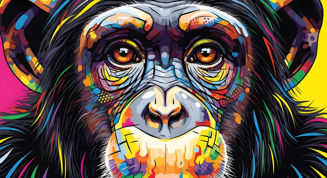 Modern digital art of a thoughtful monkey, a close-up portrait with a splash of vibrant abstract colors