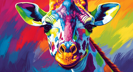 A stunningly colorful giraffe portrait created with bold, expressive brushstrokes in a contemporary abstract art style