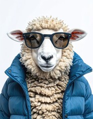 Sheep in sunglasses and a puffer jacket.  Stylish animal portrait