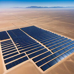 Solar panels arranged in precise geometric patterns, sprawling over a barren desert, reflecting sunlight while harnessing clean energy from the intense desert heat