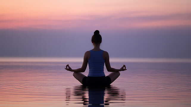 Silhouette of a woman meditating in lotus pose on calm water at sunset