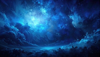A vast, ethereal landscape of swirling, luminous clouds in deep blues and whites, hinting at a cosmic or dreamlike scene