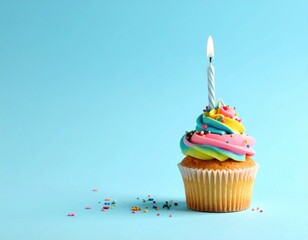 Colorful birthday cupcake on a light blue background