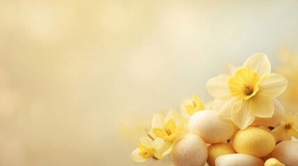 Obraz premium Elegant backdrop with yellow daffodils surrounding decorated eggs in soft warm light,