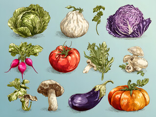 A vibrant collection of various fresh vegetables and greens. Including Cabbage, Radish, Pumpkin, and other healthy farm-fresh produce