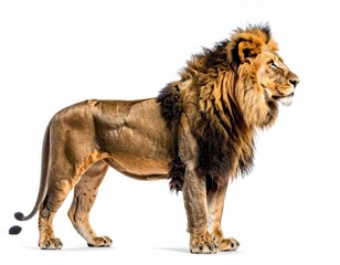 Powerful male lion profile against a white background
