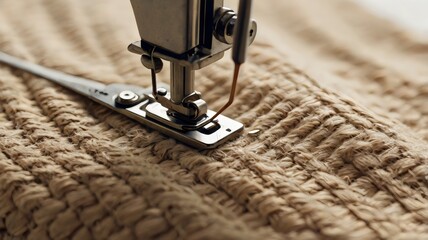 Close up of a sewing machine needle stitching fabric, textile craft detail, tailoring process, fashion design equipment, precision sewing tool for garment making and professional clothing production