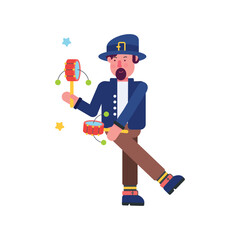 A figure in a blue hat and jacket juggles two small drums with sticks