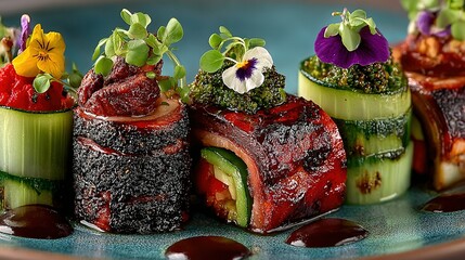 Food rolls with vegetables meat and flowers on a blue plate.