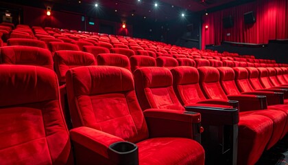 Fototapeta premium 빨간 벨벳 좌석 빈 영화관 Empty Cinema with Red Velvet Seats
