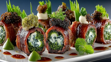 Rolled meat appetizer with green garnish and sauce on a white plate.