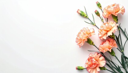 Delicate peach-colored carnations arranged on a white background