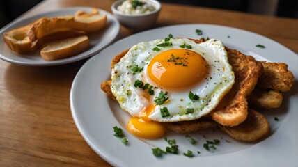 Fried eggs served in a cafe, delicious breakfast meal, sunny side up eggs with toast, traditional morning food, protein rich dish, cozy cafe breakfast served with coffee and sides