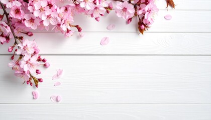 Delicate pink cherry blossoms on a white wooden surface